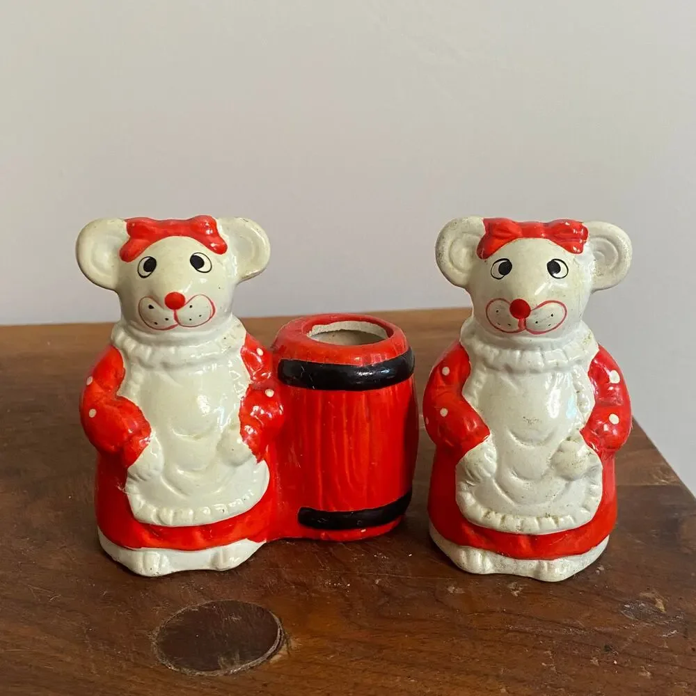 Vintage Kitsch Christmas Mice Salt Shaker and Toothpick Holder